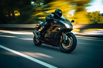 Foto op Plexiglas A motorcycle rider speeding on a road © Ployker