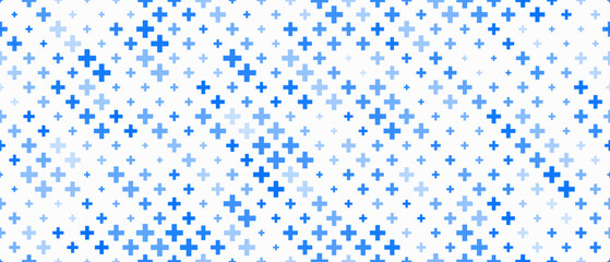 Medical cross and plus background. Abstract seamless blue pattern for hospital and pharmacy. Geometrical shapes ornament. Vector backdrop