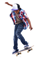 Skateboard, black boy and kid with a jump trick and urban streetwear fashion on isolated, transparent or png background. African teenager, skateboarding and skater with energy, skill and stunt - obrazy, fototapety, plakaty