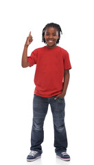 Advertising, smile and portrait of boy child showing a promo deal isolated in a transparent or png...