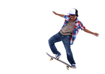 Skateboard, black boy and kid with a jump trick and urban streetwear fashion on isolated, transparent or png background. African child, skateboarding and skater with energy or skill for skating stunt