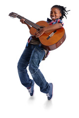 Isolated boy child, jump and guitar in portrait for music, performance or rock by transparent png...