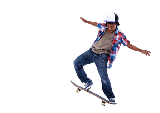 Skateboard, black boy and kid with a jump trick and urban streetwear fashion on isolated, transparent or png background. African child, skateboarding and skater with energy or skill for skating stunt