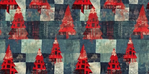 Grunge americana Christmas tree red blue white cottage style seamless border. Festive grunge distress cloth effect for cozy winter home decor. 