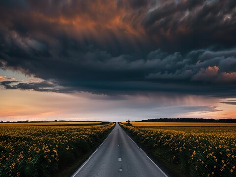 Road through sunflowers field at sunset with dramatic cloudy sky. Generative AI