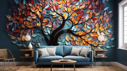 Colorful tree with leaves on hanging branches of blue, white and golden illustration background. 3d abstraction wallpaper for interior mural wall art decor. floral tree with multicolor leaves