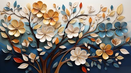 Colorful tree with leaves on hanging branches of blue, white and golden illustration background. 3d abstraction wallpaper for interior mural wall art decor. floral tree with multicolor leaves