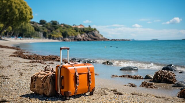 suitcase on the beach. Generative AI