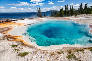 Yellowstone National Park Hot thermal spring Black Pool in  West Thumb Geyser Basin area, Wyoming,...