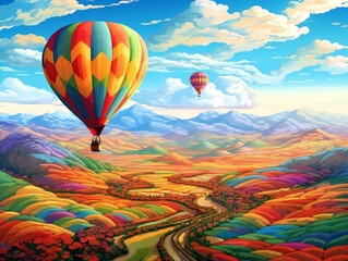 A hot air balloon floating over a patchwork of colorful fields generative ai