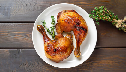 roasted chicken leg quarters with crispy golden brown skin with fresh green thyme leaves on white...