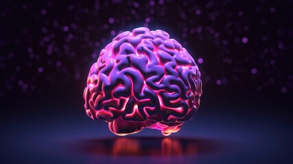 Neon purple glowing brain on a dark background,  3d illustration with copy space for text