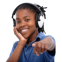 Face, music headphones and black kid pointing to you isolated on a transparent png background....