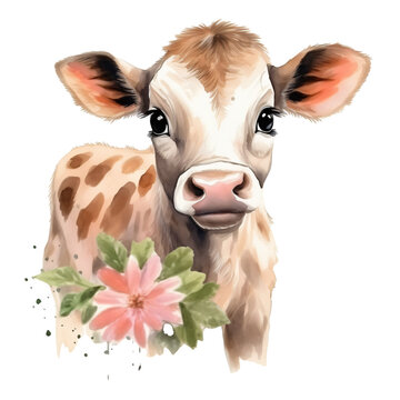 Watercolor Baby Cow With Flower Clipart