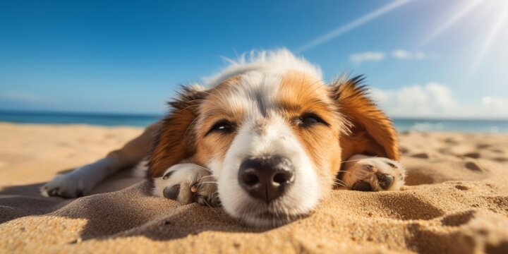 A dog lying on the sand. Generative AI image