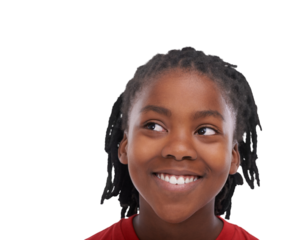 Thinking, smile and the face of a child with vision, ideas and planning as a youth. Happy, young and head of a little African kid with contemplation and isolated on a transparent png background