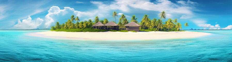 Panoramic view of a small island paradise with white sand, palm trees and crystal clear water. Generative AI