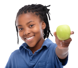 Smile, portrait and a child with an apple for nutrition, health and eating for a detox. Happy, diet and a young African kid showing or giving a fruit or food isolated on a transparent png background