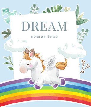 cartoon Pegasus on the rainbow card template illustration