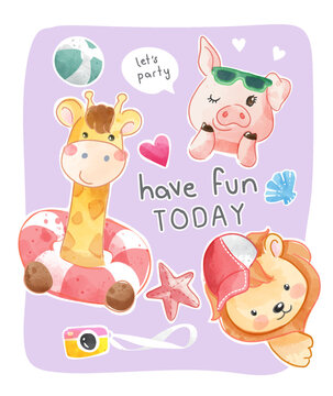 cartoon animal friends with colorful cute icons illustration