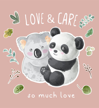 
cute cartoon koala and panda cuddling cartoon illustration