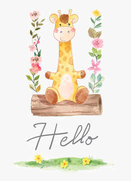 hello calligraphy text with cartoon giraffe on colorful flowers swing illustration