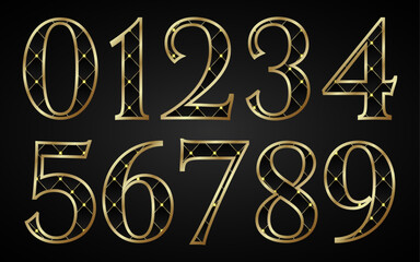 Set of golden numbers, black background with a pattern and a golden frame