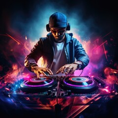 Disc jockey at the turntable. DJ  atnightclub during party. EDM, party concept. generative ai - obrazy, fototapety, plakaty