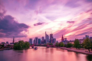 Fototapeta premium City at dusk with the pink sunset. Frankfurt at sunset 