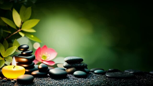 a group of stones and a candle, flower water, green  nature, zen