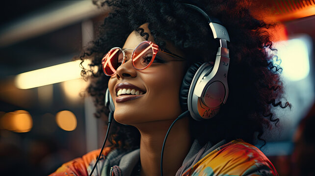 Happy cool fashion funky African young black hipster lady wears trendy glasses wireless headphones listening dance pop dj music standing in neon night club. generative ai