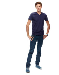 Portrait, confidence and man in tshirt for fashion isolated on a transparent png background....