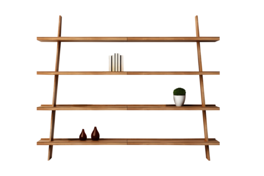 Wood shelf multipurpose such as bookshelf and vase show isolated on transparent background.for home interior design in minimalist style. Generative Ai

