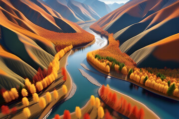 Autumn scenery (mountains and rivers) generative ai