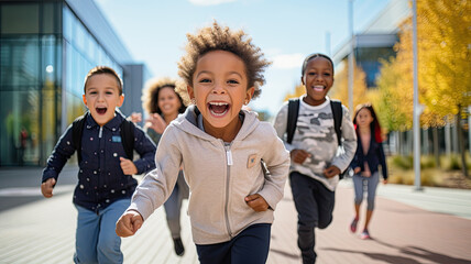 photograph of Enthusiastic school kids running toward science center entrance, generative ai