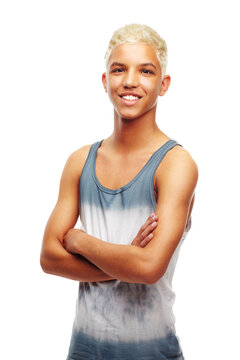 Arms crossed, fitness and young man in portrait for youth training, exercise and wellness with pride. Face of happy teenager, model or person for workout isolated on transparent, png background