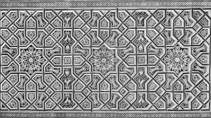 Geometric traditional Islamic ornament. Fragment of a ceramic mosaic. Black and white.
