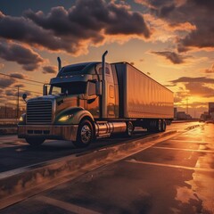 Naklejka na ściany i meble Truck with container on highway, cargo transportation . generative ai