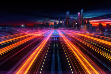 Fototapeta na wymiar Speed light trails path through smart modern mega city and skyscrapers town with neon futuristic technology background, future virtual reality, motion effect, high speed light, with Generative Ai.