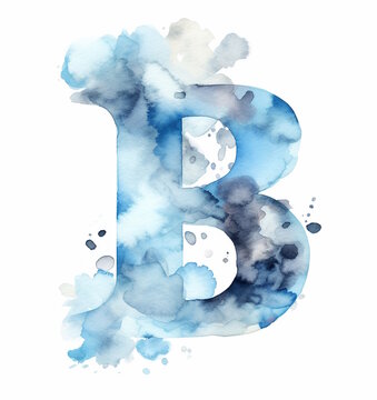 Letter B - Glorious Light Blue and Silver Watercolor Cloud Style. Generative AI