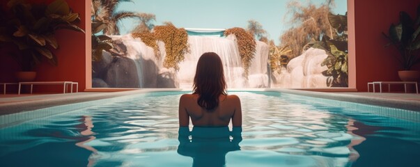 Young woman relaxing in swimming pool at spa resort. relaxing. Generative ai