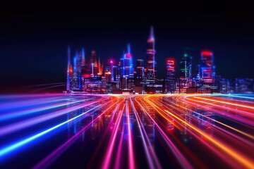 Fototapeta na wymiar Speed light trails path through smart modern mega city and skyscrapers town with neon futuristic technology background, future virtual reality, motion effect, high speed light, with Generative Ai.