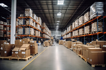 Interior of a modern warehouse. Large space for storing and moving goods. Logistics. Trade in the modern world.