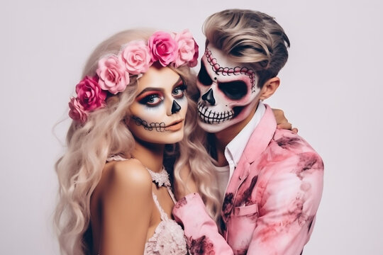 Halloween. A young beautiful couple of a man and a woman with faces decorated for the holiday. Festive makeup for all saints day or halloween.