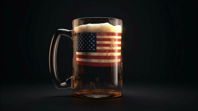 A glass of beer and an abstract star and striped USA state flag. AI generated - Powered by Adobe