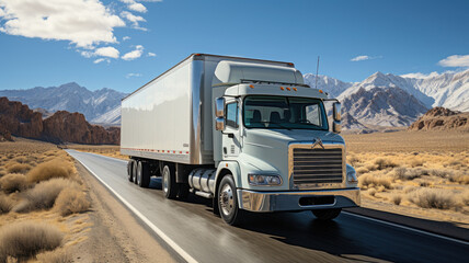 Obraz premium Commercial big rig white industrial long haul semi truck transporting frozen cargo ,generative ai
