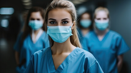 Fototapeta na wymiar Portrait of a young nursing student standing with her team in hospital, dressed in scrubs, Doctor intern . High quality photo, generative ai