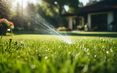 Garden sprinkler on the green lawn automatic watering. generative ai - obrazy, fototapety, plakaty