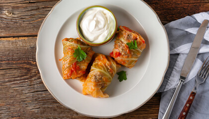 cabbage rolls stuffed with ground beef and rice served on a white plate on an old rustic table with sour cream in a bowl, view from above, close-up, flatlay
