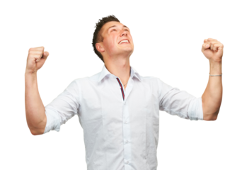 Business man, winner and success, yes or celebration of sales, bonus, winning and career freedom. Fist or hands for power, cheers and professional person goals isolated on transparent, png background